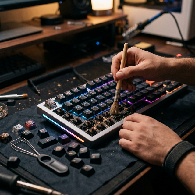 Proses Pencabutan Penutup Tut Keyboard Dan Disapu Memakai Kuas Menghilangkan Debu Rontok
